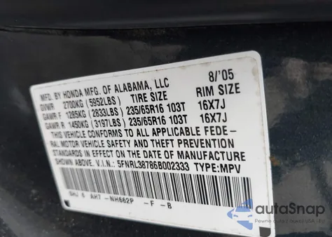 2006 Honda Odyssey Ex-L z USA, uszkodzony, nr VIN 5FNRL38786B002333